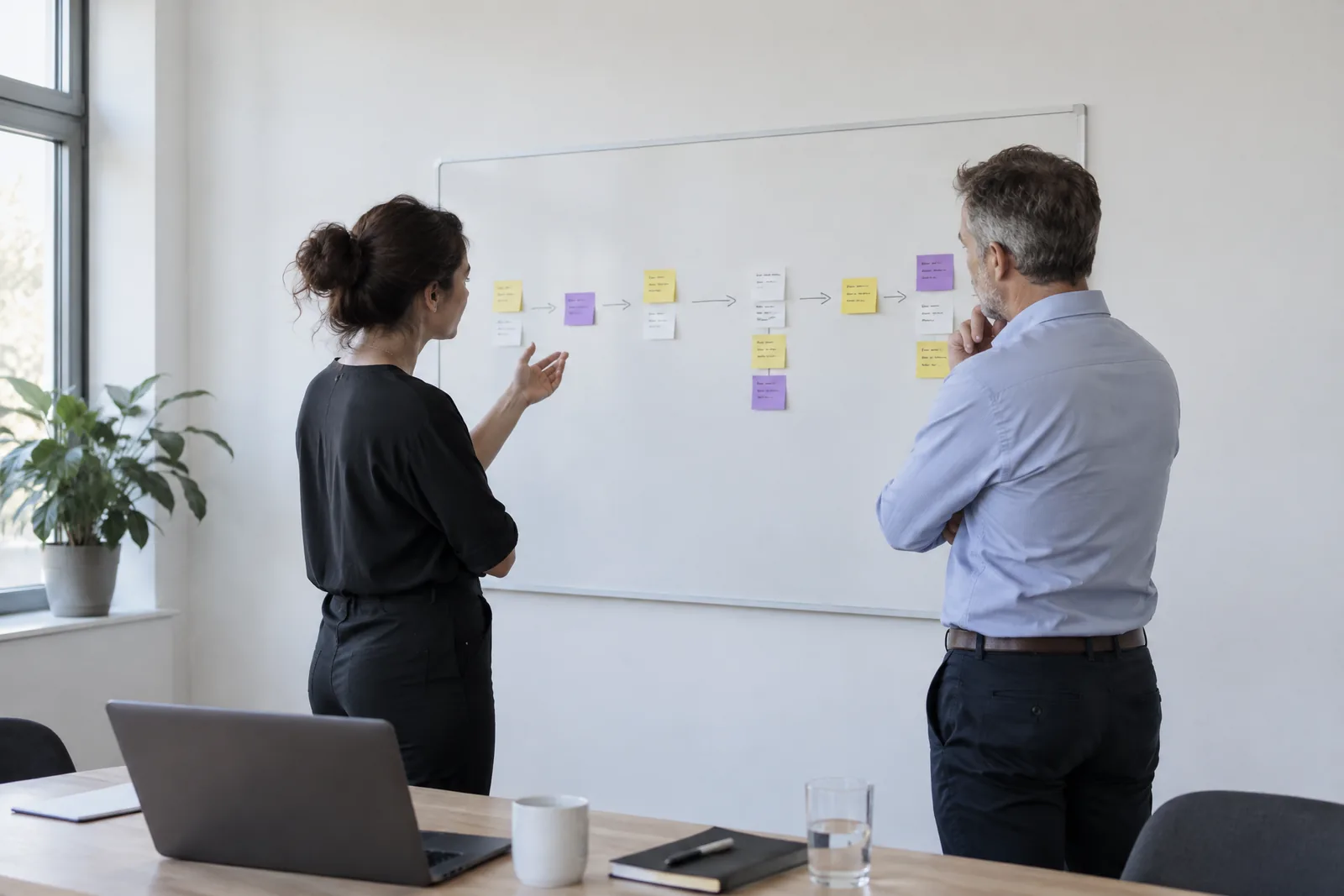 A consultant and a managing director, seen from behind, stand in front of a whiteboard with yellow, white and purple sticky notes arranged as a process with arrows, discussing the workflow.