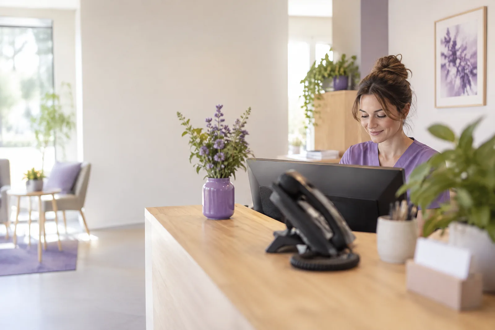 A calm practice reception: a smiling staff member in purple workwear works at a monitor, with a desk phone and a vase of flowers blurred in the foreground.